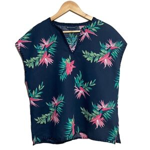 Brooks Brothers Navy Blue Tropical Floral Linen Blend Blouse Size Large